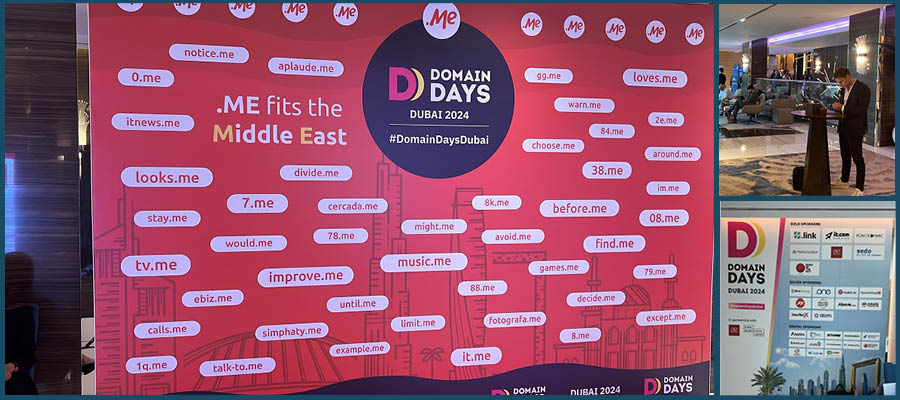 Displaywand mit verschiedenen .ME-Domains bei den Dubai Domain Days 2024 unter dem Motto ‘.ME fits the Middle East.