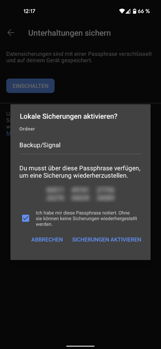 Bestätigung der Signal-Passphrase