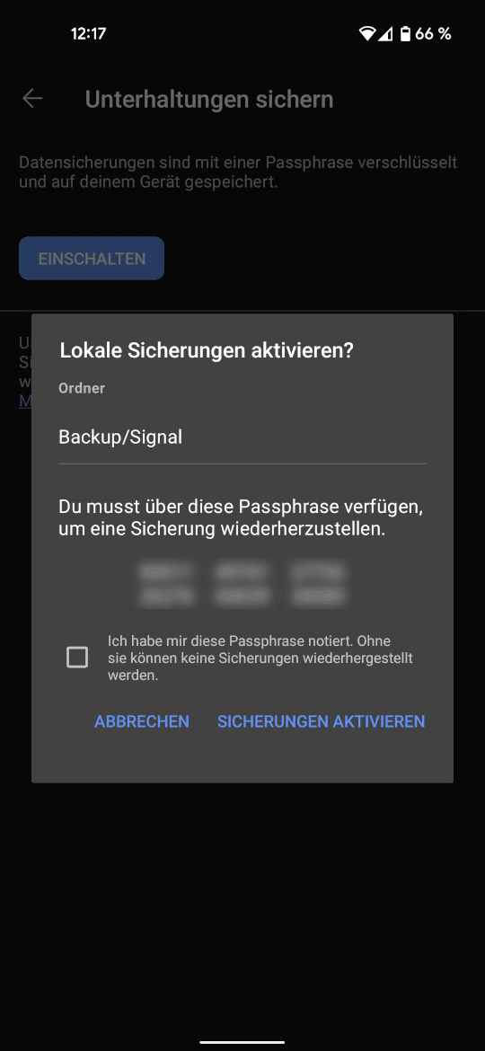 Signal Passphrase für Sicherungen notieren